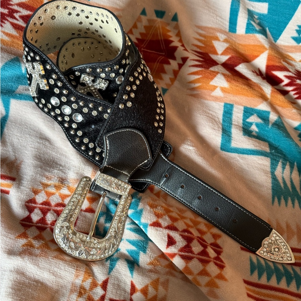 Rhinestone Studded Western Black Leather Belt with Silver Buckle